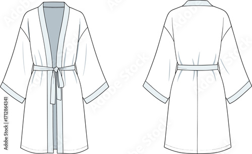 Kimono robe, bathrobe design, loungewear fashion, spa wear with belt, comfortable sleepwear illustration, women’s dressing gown front and back view