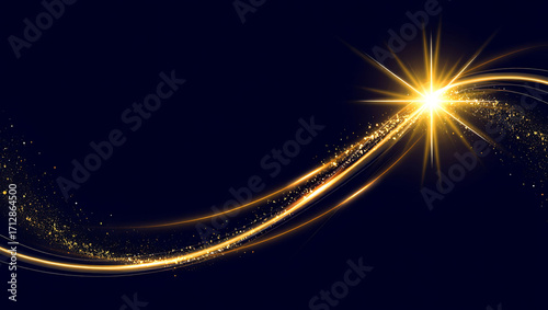 Golden light effect with glitter particles on dark blue background