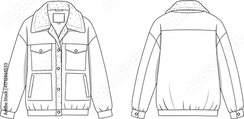 Shearling jacket, winter coat design, casual outerwear fashion, warm fleece collar jacket illustration, men’s stylish jacket front and back view