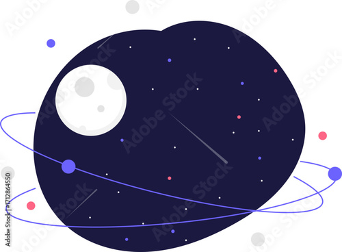 Illustration of a dark blue space scene with a moon, stars, and orbiting planets.
