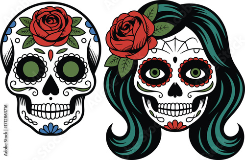 skull with flowers on it's tow head and a background with a black background and a white skull with flowers on it's head.capturing the essence of Día de los Muertos and Halloween. 02