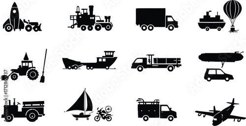A collection of various transportation vehicles in silhouette style on a white background isolated art
