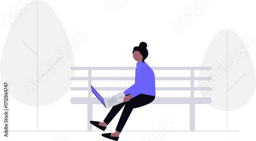 Illustration of a woman sitting on a park bench using a laptop.
