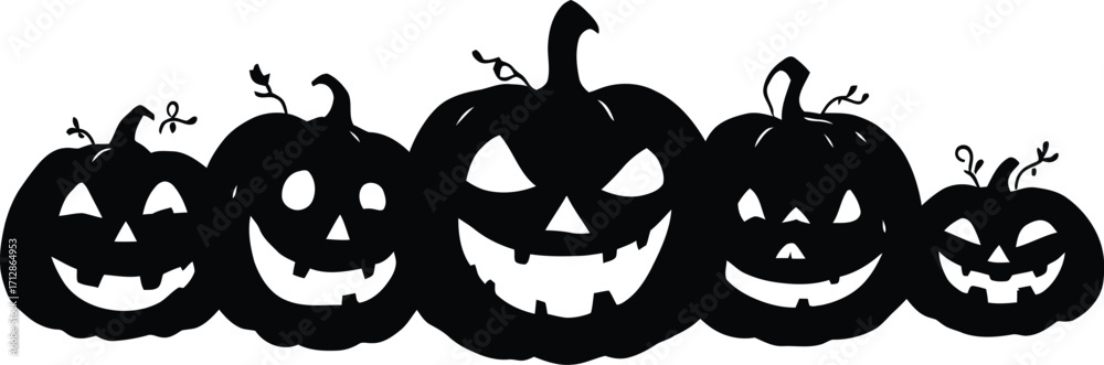 Fototapeta premium Silhouette of five halloween pumpkins with carved faces in a row on a white background design element
