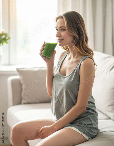 Young woman drinking smoothie in cozy living room, healthy lifestyle