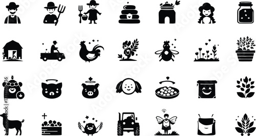A collection of farming and animal icons in black and white showing agriculture and rural life elements