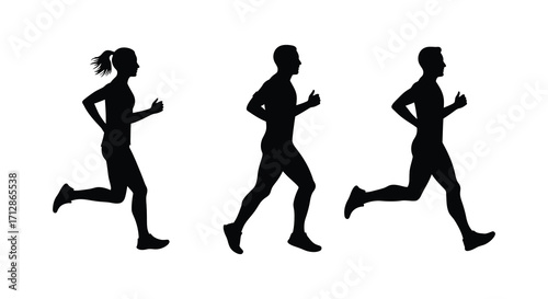 Three people running with arms bent a dynamic black silhouette