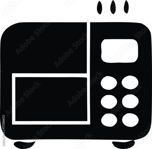 Simple black and white icon of a microwave oven with controls and steam for kitchen and food preparation concepts