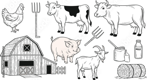 Farm animals barn hay milk and pitchforks collection isolated on white background