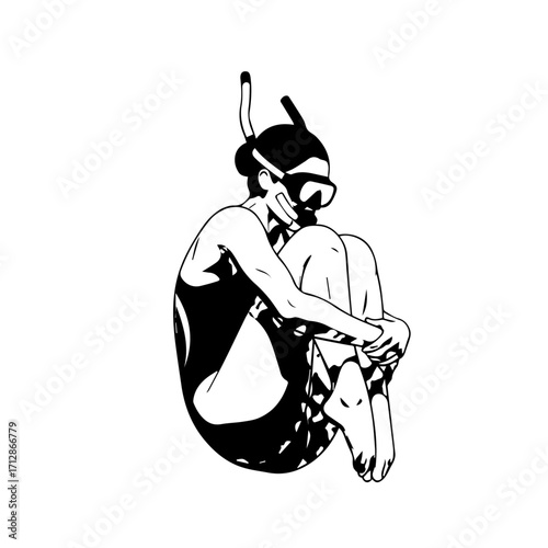Black and White Illustration of a Person in Swimsuit with Snorkel Gear Curled Up.