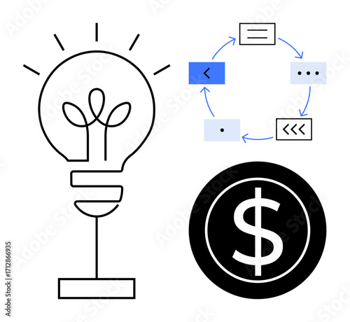 Lightbulb with sprouting plants, workflow diagram with circular arrows, and dollar symbol. Ideal for innovation, productivity, finance, strategy, growth sustainability creativity. Simple flat