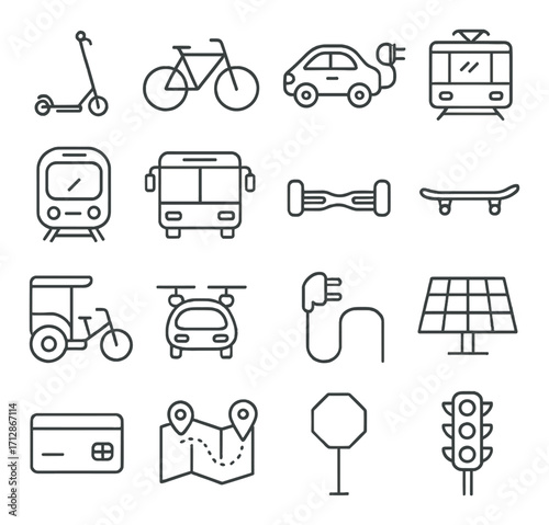 Transportation icons: scooter, bicycle, car, tram, bus, skateboard, charging, solar panel, map