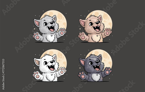 Cute cartoon werewolf puppies vector illustration set, adorable Halloween wolf characters, playful fantasy baby wolves with full moon background, funny scary animal mascot artwork collection