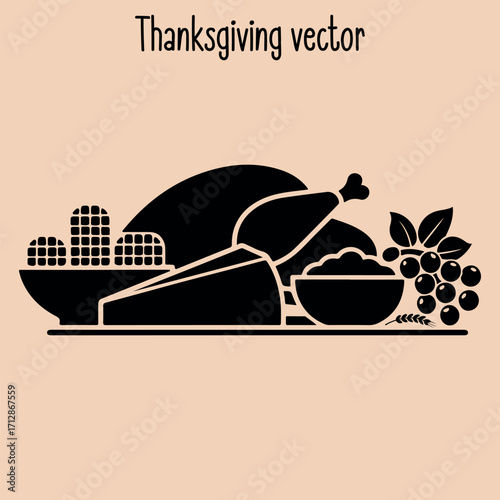 Thanksgiving Dinner Meal with Turkey and Holiday Food Vector