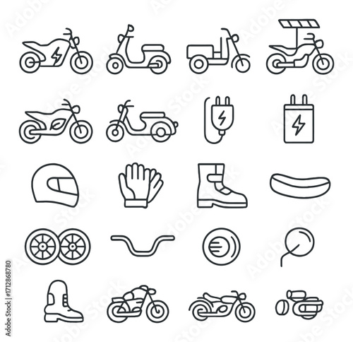 Electric motorcycle and scooter icons with helmets and accessories