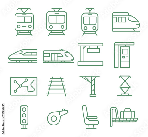 Green outline icons of train transport elements including maps, tracks, and signals
