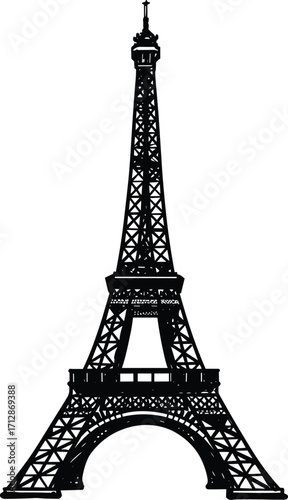 Eiffel Tower silhouette, Paris landmark icon, black and white illustration, architectural monument, travel symbol, French culture, global tourism design