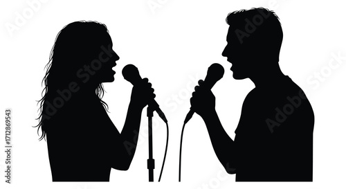 Couple singing a duet together on stage dramatic black silhouette