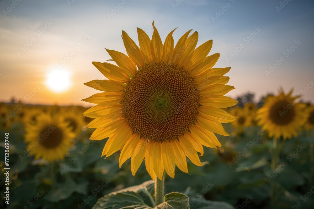 Fototapeta premium Close-up of blooming sunflowers in an outdoor field under the sky
