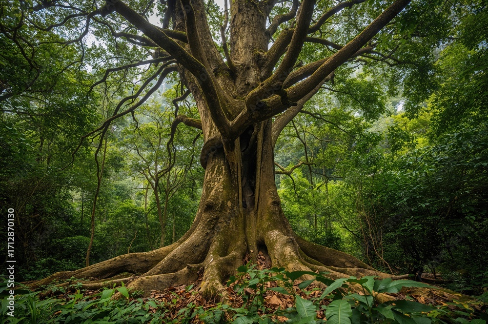 Fototapeta premium In the middle of the dense woods, a grand tree towers high, its limbs stretching skyward, offering refuge and habitat to numerous creatures and wildlife. The lively green leaves