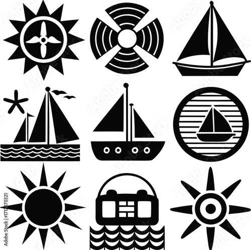Nautical marine icons set sailboat sun wind rose compass lifebuoy navigation symbols for ocean travel and boating adventures