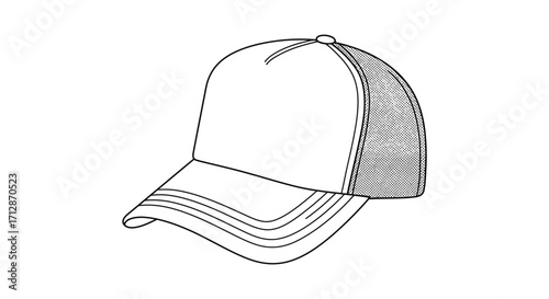 Simple line drawing of a classic trucker hat with mesh back