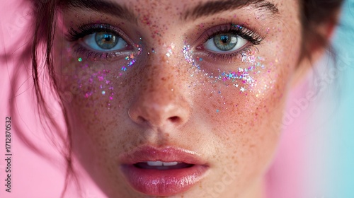 Ethereal beauty captured: glittering freckles and mesmerizing eyes create a dreamlike portrait of delicate luminescence and artistic makeup