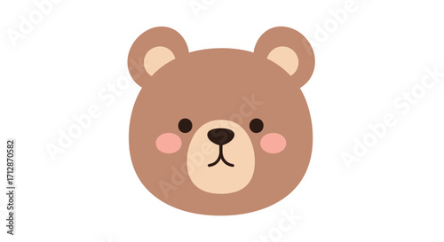 Adorable cartoon bear face, simple design, brown fur, pink cheeks.