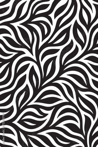 Abstract organic black and white flowing lines creating a natural leaf pattern with a textured feel and organic movement