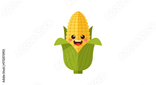 A cheerful cartoon corn cob with a smiling face, vibrant yellow kernels, and bright green husks.