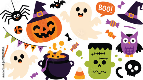 Halloween Cute Stickers Pack – Ghosts, Pumpkins, Cat, Bat, Candy Vector Illustration