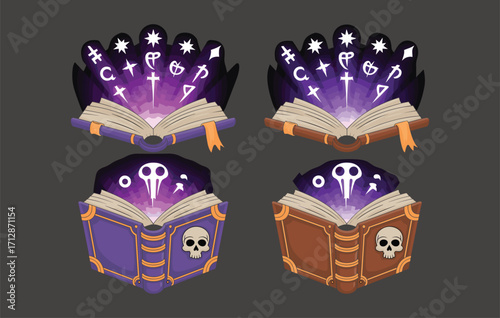 Halloween magic spell book vector illustration set, spooky witchcraft grimoires, enchanted mystical books with glowing symbols, fantasy wizard items, haunted occult design collection