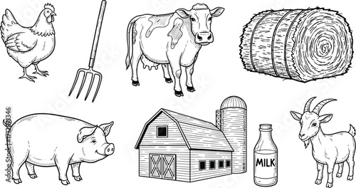 Collection of farm animals and buildings isolated on white background