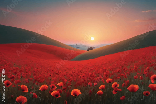 Vibrant Red Poppy Field at Sunset Landscape 