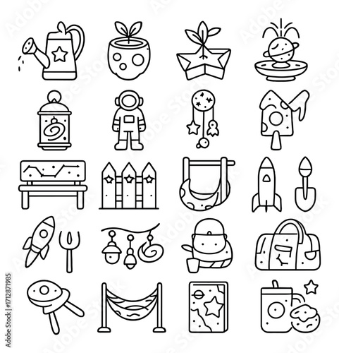 Collection of whimsical doodles: space, gardening, and fun objects