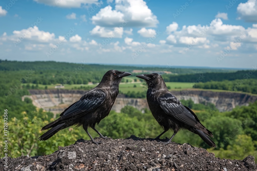 Naklejka premium Two crows conversing above a reclaimed mining area in the countryside.