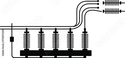 Electrical substation schematic, high-voltage infrastructure silhouette, black and white illustration, power grid layout, engineering diagram, energy distribution system