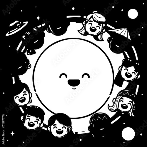 Cheerful Circle of Diverse Smiling People Surrounding a Happy Sun Character.
