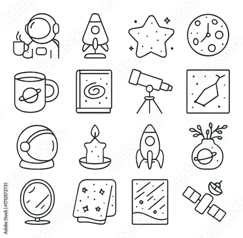 Space exploration icons: astronaut, rocket, telescope, and celestial themes