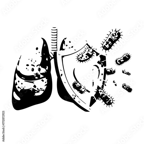 Conceptual Illustration of Lungs Protected by Shield from Bacteria Attack.