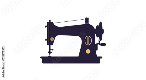 Vintage sewing machine silhouette in dark blue and gold tones