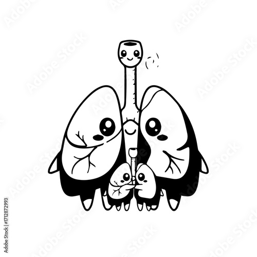 Cute Cartoon Lungs with Smiling Faces and Detailed Anatomical Features.