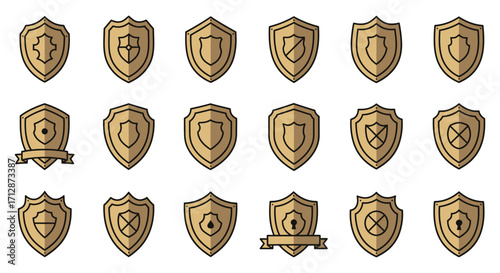 Collection of vintage wooden shields with various heraldic designs displayed