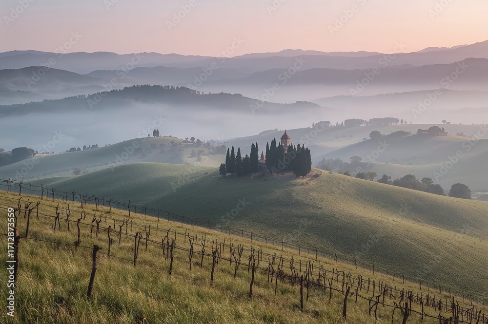 Fototapeta premium Foggy dawn over rural hills in April