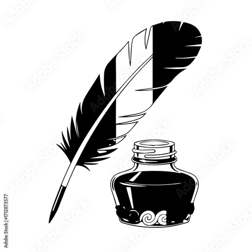 Elegant Black and White Feather Quill and Inkwell Illustration Classic Writing Tools.
