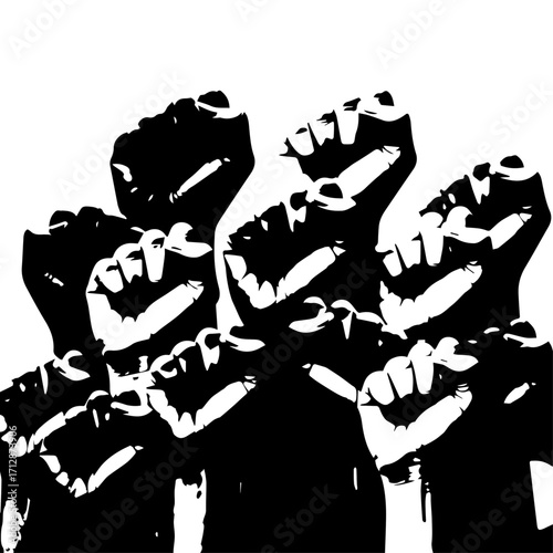 Group of Black Fists Raised in Solidarity and Protest Silhouetted Against White.