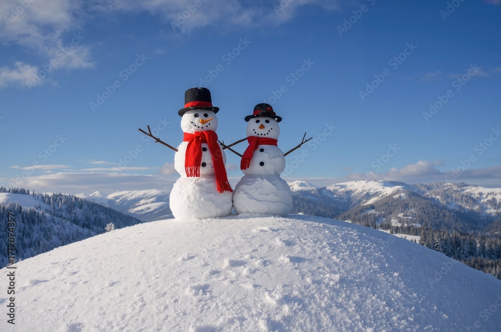 Obraz premium Two cheerful snowmen standing atop a snowy peak during winter