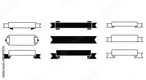 Collection of decorative ribbon banners in black and white design elements