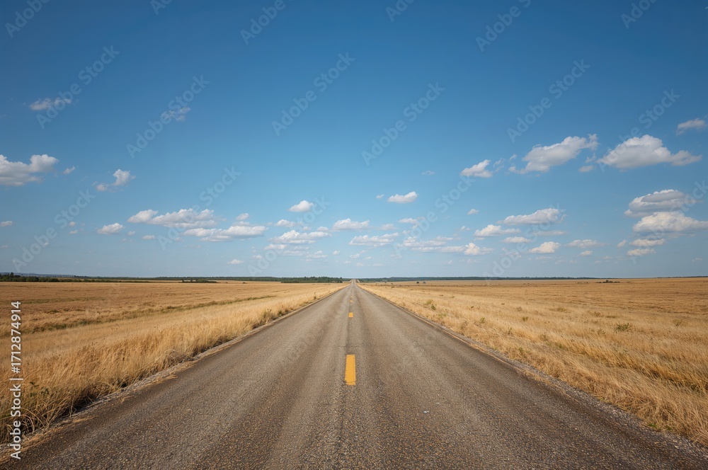 Naklejka premium Two-lane paved highway extends directly toward the distant horizon, flanked by dry grassy fields on each side