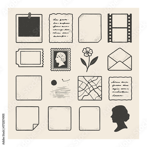 Retro graphic elements with vintage icons including stamp and silhouette